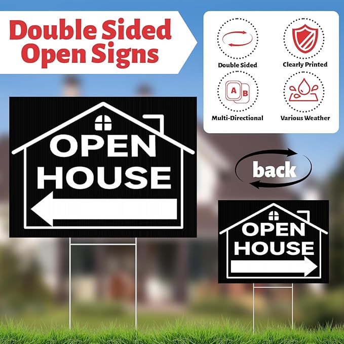 44 Pcs Open House Signs for Real Estate, Double Sided Open House Flag Kit, 7.6 x 5.4 Ft Black Banner Flag Poles Set for Outside, Directional Arrows Sign Stakes Balloons for Open House Supplies-Ruum Studio Home
