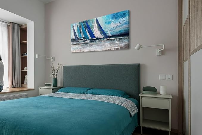 Arjun Blue Abstract Wall Art Canvas Teal Ocean Sailboat Picture Modern Turquoise Coastal Nautical Painting Large 48"x24" Framed Textured Artwork for Living Room Bedroom Bathroom Home Office Wall Decor-Ruum Studio Home
