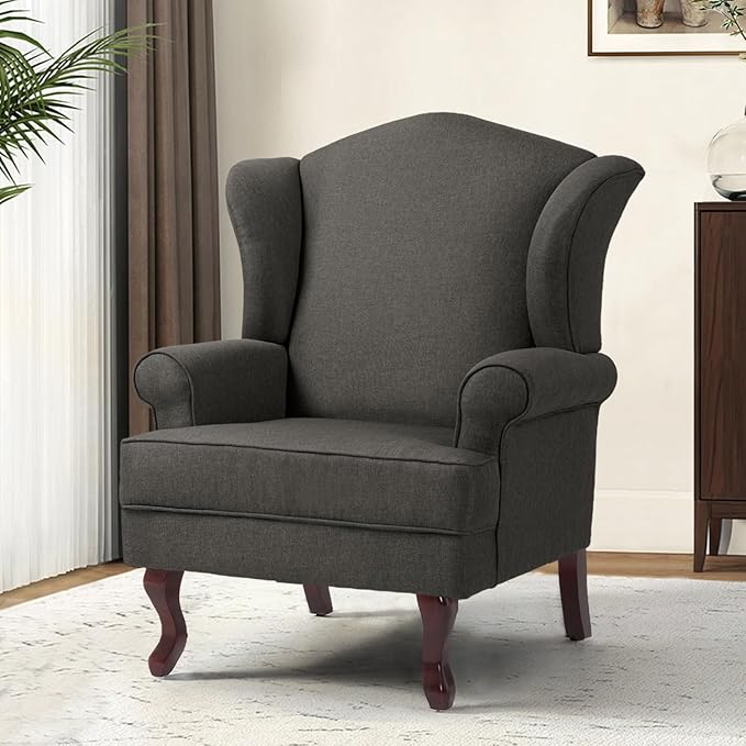 Accent Chair, High Back Upholstered Armchair with High Resilience Sponge & Wood Legs, Mid-Century Modern Comfy Single Sofa Reading Chairs for Living Room, Bedroom (Dark Grey, Set of 1)-Ruum Studio Home