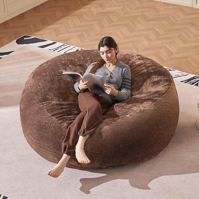 Bean Bag Chair 6Ft, Memory Foam Filled, Large Beanbag Chairs for Adults and Teens, Soft Sofa with Removable Flannel Cover, Round Couch for Living Room Bedroom College Dorm (Coffee, 6FT-67×67"×24")-Ruum Studio Home
