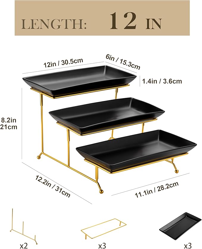 MALACASA 3 Tier Serving Trays for Party, 12 Inch Porcelain Black Trays for Serving Food, Dessert Stand with Collapsible Gold Metal Rack-Ruum Studio Home