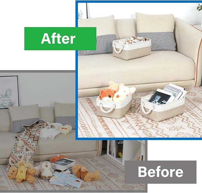 Bidtakay Small Baskets Fabric Storage Baskets for Organizing 3-Pack 12x8x5 Inch Collapsible Storage Bins for Shelves Canvas Bins for Closet Organization Baskets Storage Linen Closet S-White&Beige-Ruum Studio Home