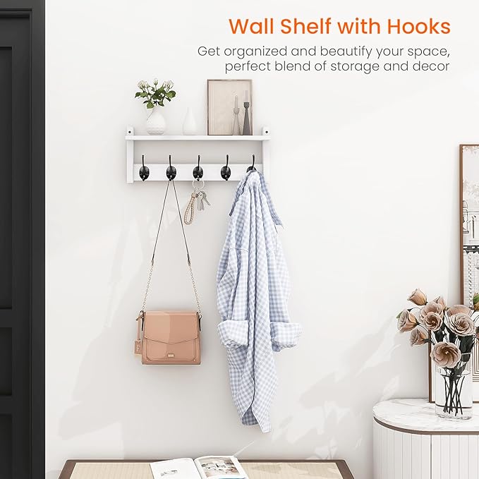 Homode Wall Shelf with Hooks, Coat Rack Wall Mount with Pegs, Hanging Entryway Coat Hanger, Wood and Iron Shelf for Bathroom, Hallway, Bedroom, White-Ruum Studio Home