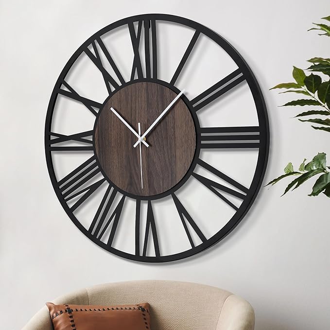 LEIKE 30" Oversized Large Wall Clocks,Silent,Non Ticking,Battery Operated Modern Round Big Wood Decorative Metal Wall Clock for Living Room, Bedroom,Kitchen,Farmhouse,Office Decor - Black,30 Inch-Ruum Studio Home