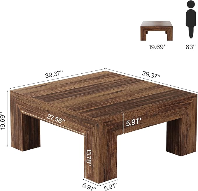 Tribesigns 39.4-Inch Square Coffee Table for Living Room, Farmhouse All MDF Accent Center Cocktail Table with Sturdy Wooden Legs, Easy Assembly, Dark Brown-Ruum Studio Home