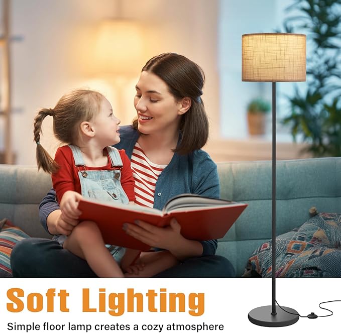 Ambimall 60'' Modern Floor Lamp with Shade, Tall Lamps for Living Room, Bedroom, Office, Dining Room, Linen Grey Shade with Black Pole(Without Bulb)-Ruum Studio Home