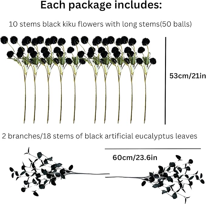 RyddeligHome Black Artificial Flowers for Centerpieces Bulk 10 Long Stems /50 Small Faux Silk Mum Balls + Black Eucalyptus Stems 2 Branches, Fall Boho Halloween Home Decor Indoor, Gothic Flowers-Ruum Studio Home