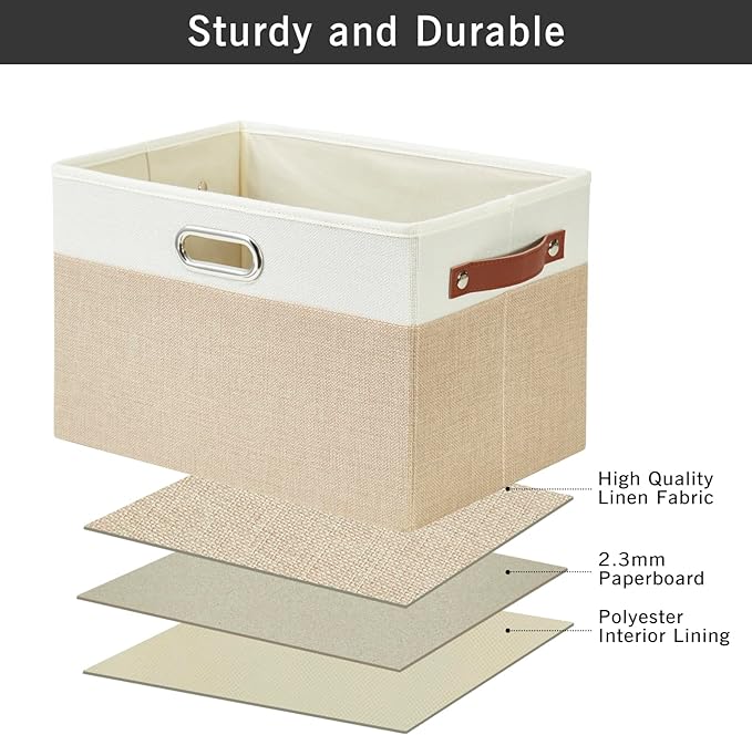 Large Collapsible Fabric Storage Bins with 3 Handles, Foldable Organizer Baskets for Closet, Shelves, Living Room | 3 Pack, Durable PU & Metal Handles (14.9"x9.8"x9.8", Beige & White)-Ruum Studio Home