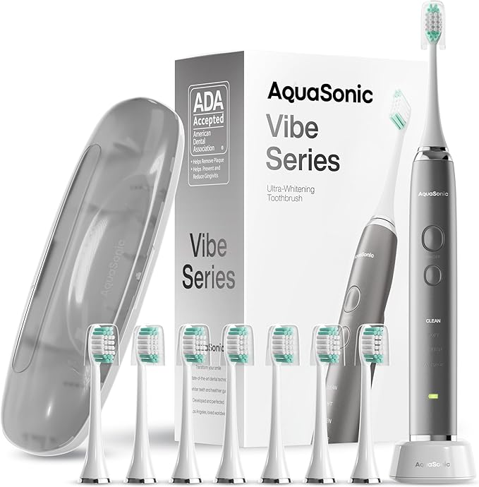 Aquasonic Vibe Series Ultra-Whitening Toothbrush – ADA Accepted Electric Toothbrush - 8 Brush Heads & Travel Case – 40,000 VPM Motor & Wireless Charging - 4 Modes w Smart Timer – Charcoal Metallic-Ruum Studio Home