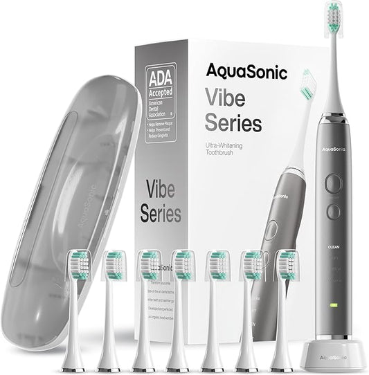 Aquasonic Vibe Series Ultra-Whitening Toothbrush – ADA Accepted Electric Toothbrush - 8 Brush Heads & Travel Case – 40,000 VPM Motor & Wireless Charging - 4 Modes w Smart Timer – Charcoal Metallic-Ruum Studio Home
