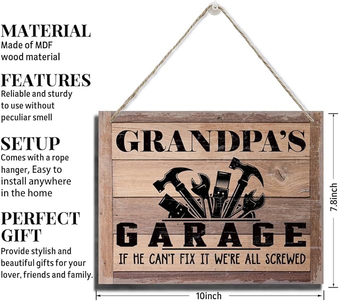 BQL Rustic Wood Sign, Father's Day Gift, Grandpa's Gift, Decor Hanging Wood Sign, 8X10inch, Printed Wood Wall Art Sign, Grandpa's Garage, If He Can't Fix It We're All Screwed-Ruum Studio Home