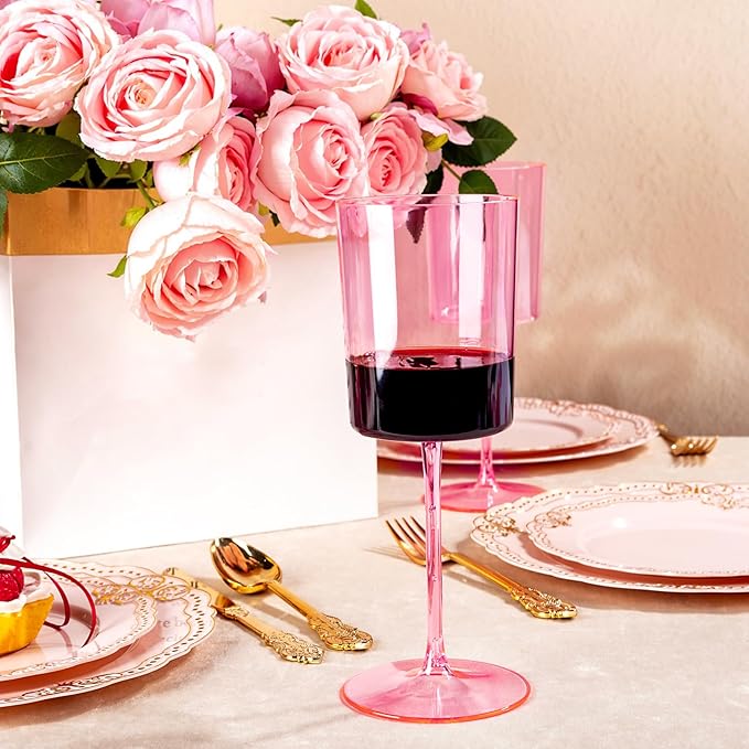 Ciaell 12 Pack Pink Plastic Wine Glasses - 14Oz Plastic Wine Glasses with Stem - Disposable Stemmed Wine Glass for Parties & Weddings & Outdoor-Ruum Studio Home