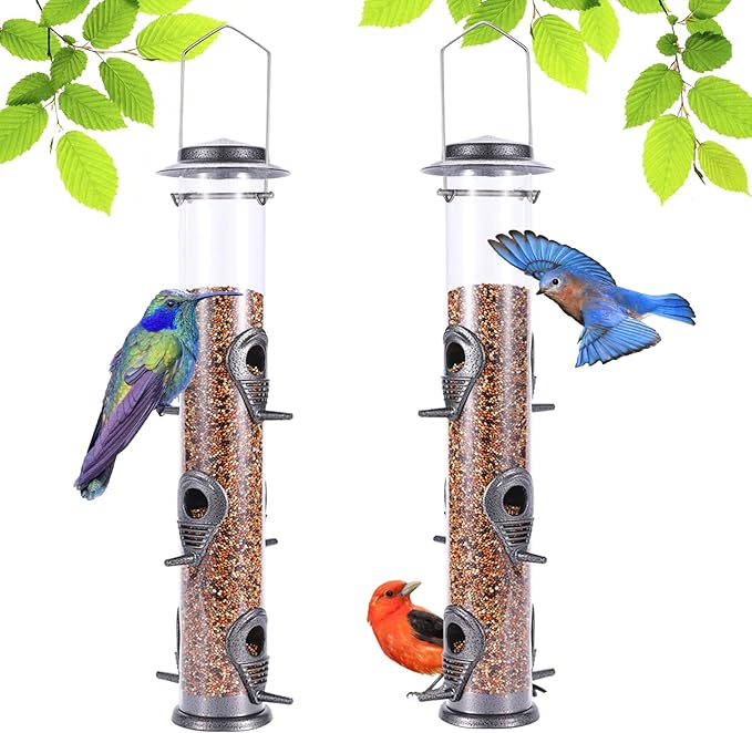 MIXXIDEA 2PK Metal Wild Bird Feeder Squirrel Proof Bird Feeders for Outside Hanging 6 Port Tube Bird Feeder Transparent Finch Feeder with Steel Hanger (Grey)-Ruum Studio Home