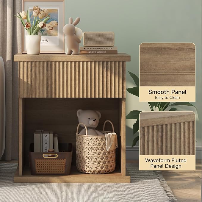 Fluted Nightstand, 22.8" Wide Nightstands with Drawer Storage Large Wood BedsideTable Night Stand for Bedroom Living Room Office, Natural Oak-Ruum Studio Home