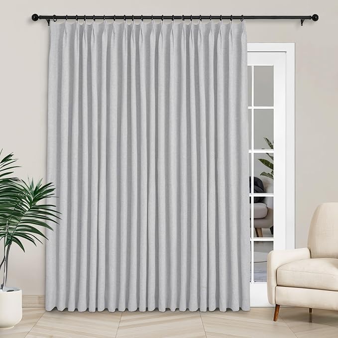 Macochico 100”Wx102”L 100% Blackout Pinch Pleated Linen Curtains for Sliding Door Bedroom Living Room Farmhouse Thermal Insulated Silver Grey Burlap Drapes with Tieback 1 Panel Shabby Chic Style-Ruum Studio Home