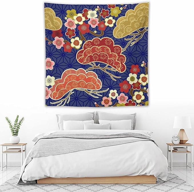 HZOHNAGO Japanese Tapestry Art Abstract Colorful Cherry Blossom Blue Background Pattern Printed Wall Tapestry Painting Wall Hanging for Bedroom Living Room Dorm 60" W x 60" H-Ruum Studio Home