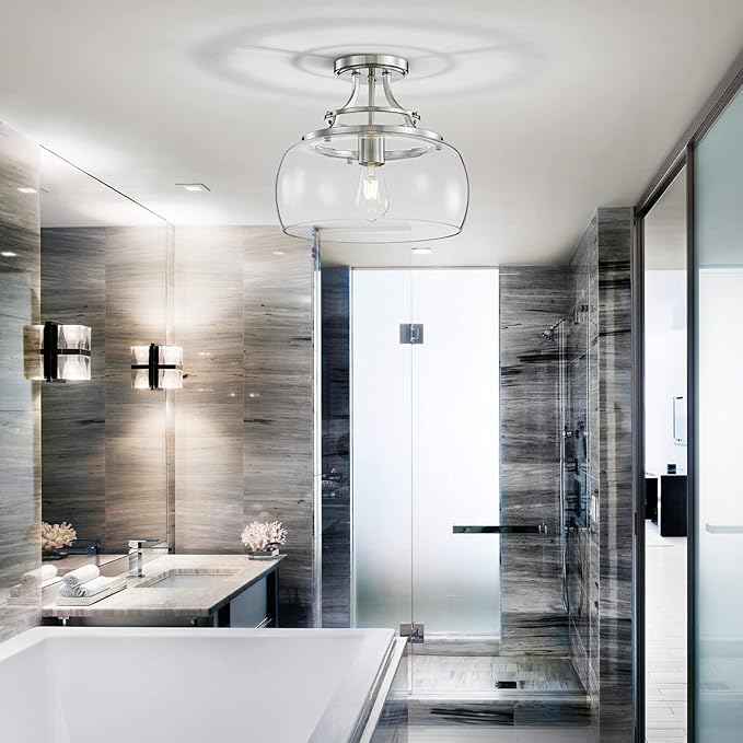 WUZUPS Chandelier Rustic Farmhouse Industrial Round Semi-flushmount Ceiling LED Light Fixture with Clear Glass Shades for Bathroom Kitchen Foyer Entryway, H 11.8" x W 13.4", E26 Base, Brushed Nickel-Ruum Studio Home