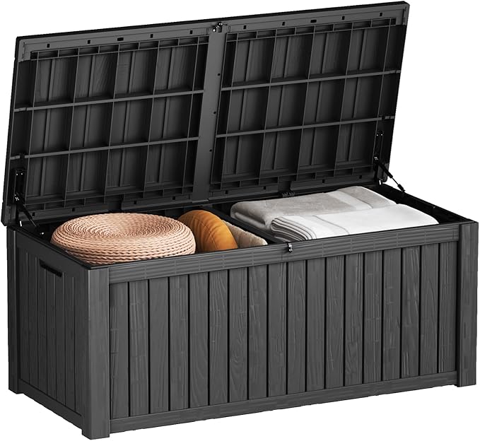 152 Gallon Deck Box Waterproof, UV Resistant Resin Outdoor Storage Box with Hydraulic Rod, Lockable Design and Enhanced Durability for Patio, Garden, and Poolside Use-Ruum Studio Home