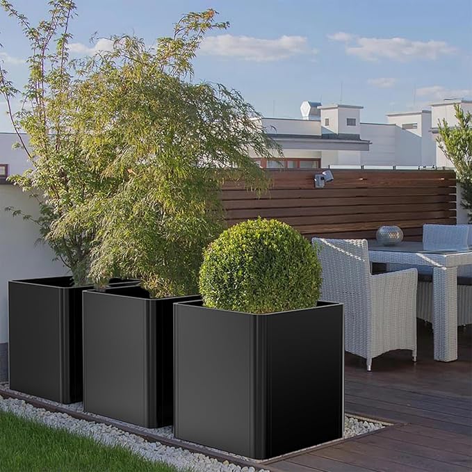 Metal Square Planter Box, Galvanized Steel Planters for Outdoor Plants, 20"x 20"x 21" Black Large Outdoor Planters with Drainage Hole for Porch/Patio/Garden-Ruum Studio Home