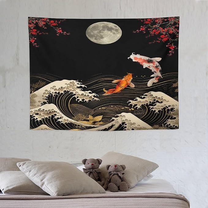Houselerax Koi Fish Tapestry, Japanese Style Yin Yang Big Wave Cherry Blossom Tapestries Wall Hanging for Bedroom Living Room Office Decor 40"x30"-Ruum Studio Home
