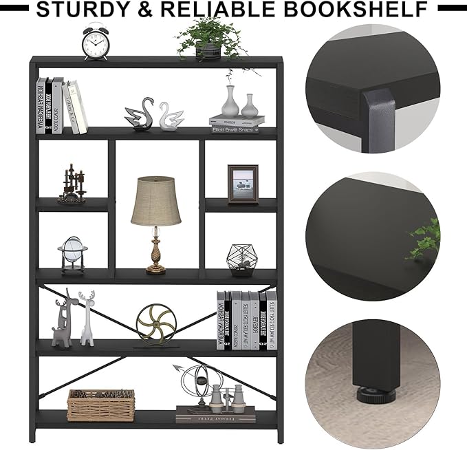 LVB 6 Tier Tall Black Bookshelf, Modern Large Wide Book Rack Storage, Industrial Wood Metal Etagere 6 Shelf Bookcase, Farmhouse Open Display Book Shelf Organizer for Bedroom Living Room Office, Black-Ruum Studio Home