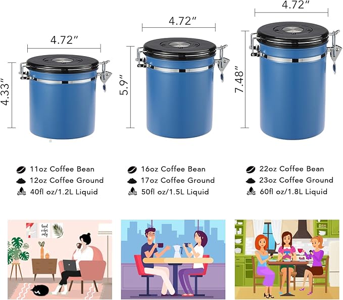 ShanSon Coffee Canister Airtight Coffee Container Stainless Steel Coffee Bean Storage Container with CO2 Release Valve and Scoop Coffee Canister for Beans,Grounds,Sugar,Flour,Tea,Cereal,22OZ,Blue-Ruum Studio Home