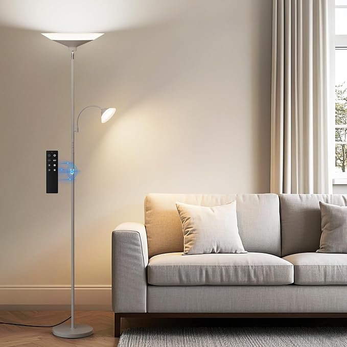 Sliver Gray Torchiere Floor Lamp with Reading Light, 4 Color Temperatures, Dimmable & Individual Light Control Standing Lamp, 34W Bright Tall Lamp with Remote for Living Room Bedroom Office-Ruum Studio Home