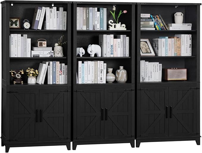 70in Tall Bookshelf 5 Tier Bookcase with Barn Doors and Adjustable Shelves, Black Farmhouse Book Shelf with Storage Cabinet, Wood Freestanding Display Bookshelves for Bedroom, Kitchen (3PCS)-Ruum Studio Home