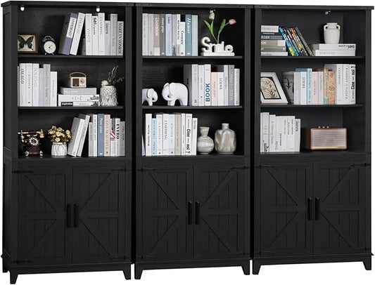 70in Tall Bookshelf 5 Tier Bookcase with Barn Doors and Adjustable Shelves, Black Farmhouse Book Shelf with Storage Cabinet, Wood Freestanding Display Bookshelves for Bedroom, Kitchen (3PCS)-Ruum Studio Home