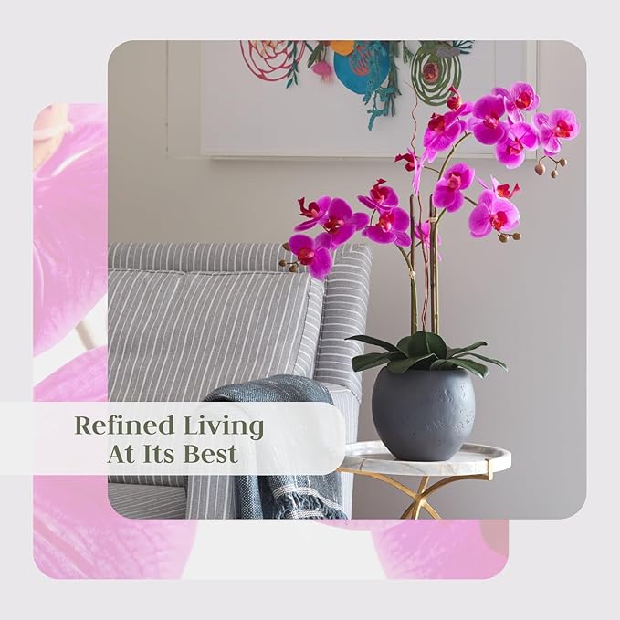 Faux Pink Orchid Plant, Premium Artificial Indoor Flower Display Stands 25-Inches with Beautiful Sculptural Blooms and Foliage That Lasts Forever, Grey Planter Pot Included-Ruum Studio Home