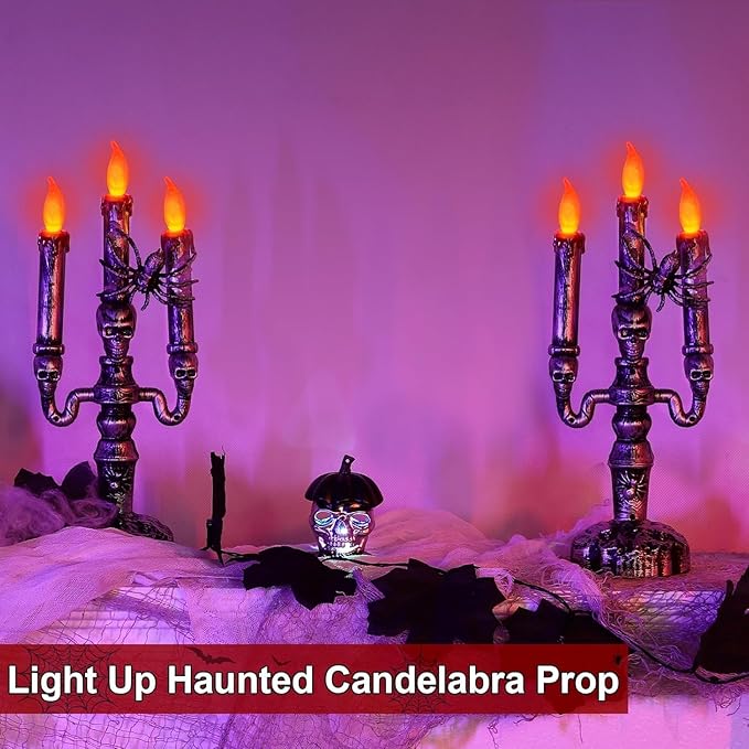 TURNMEON 2 Pack Halloween Candles Halloween Decorations LED Flame Less Candelabra 3-Flickering Lamp Light Up Battery Operated Candles Holder Spider Decor Indoor Table Home Haunted Party-Ruum Studio Home