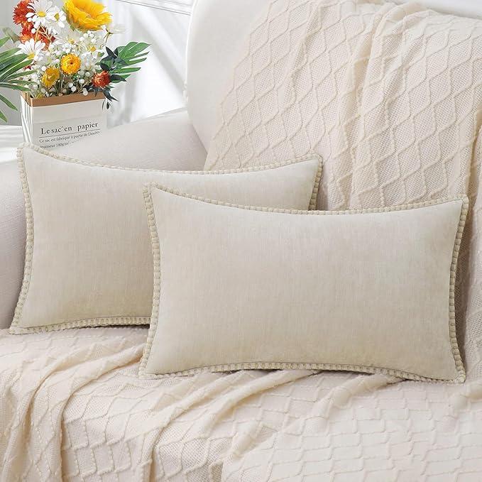 decorUhome Chenille Soft Throw Pillow Covers 12x20 Set of 2, Lumbar Velvet Farmhouse Neutral Decorative Euro Pillow Covers with Stitched Edge for Couch Sofa Bed Home Decor, Beige-Ruum Studio Home
