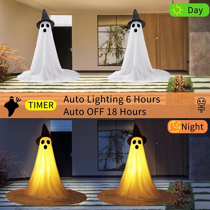 2 Packs Halloween Ghost Outdoor Decorations, 59” Light Up Ghost Decor with Remote Control, Adjustable Height Standing Halloween Lighted Ghost Kit with Witch Hat Ideal for Porch, Garden, Yard-Ruum Studio Home