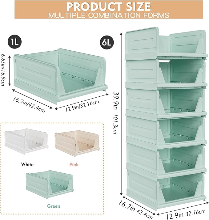 6 Pack Stackable Closet Storage Basket - Stackable Storage Bins, Multifunctional & Foldable Closet Organizer, Wardrobe Cupboard Space-Saving Hat Storage Drawer Organizer, Green-Ruum Studio Home