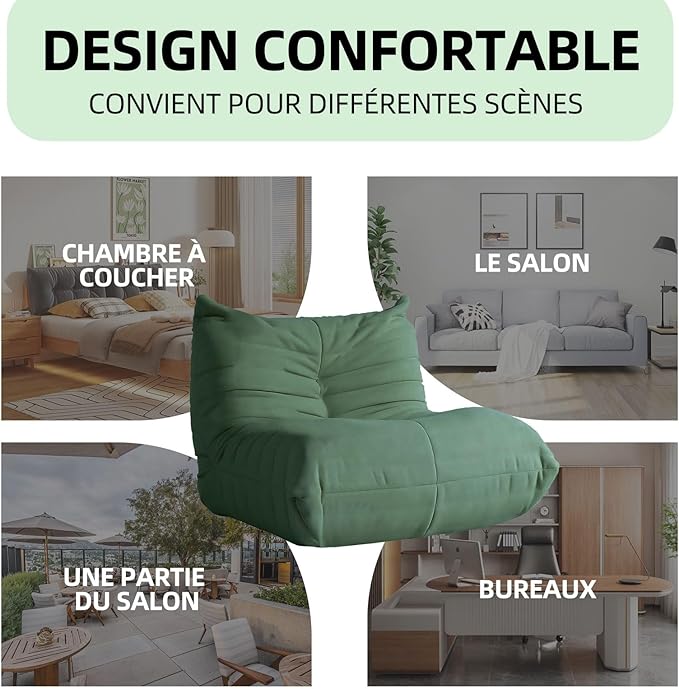Modern Living Room Chair, Big Bean Bag Adult Floor Sofa, Togo Recliner Memory Foam Lazy Couch Suitable Balcony for Fireside Chair (Green)-Ruum Studio Home