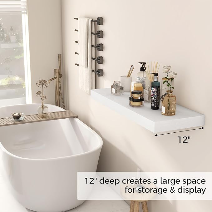 Fun Memories 30 Inch Floating Shelves White, 12 Inch Deep Floating Shelf for Books, 30 x 12 x 2 Deep & Thicked Wall Shelves for Bathroom, Living Room, Kitchen, Set of 1-Ruum Studio Home