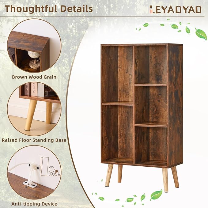LEYAOYAO 5 Cube Small Bookshelf,3 Tier Mid-Century Bookcase with Legs,Wood Bookshelves Storage Organizer Shelf,Narrow Book Shelves,Brown Bookcases-Ruum Studio Home