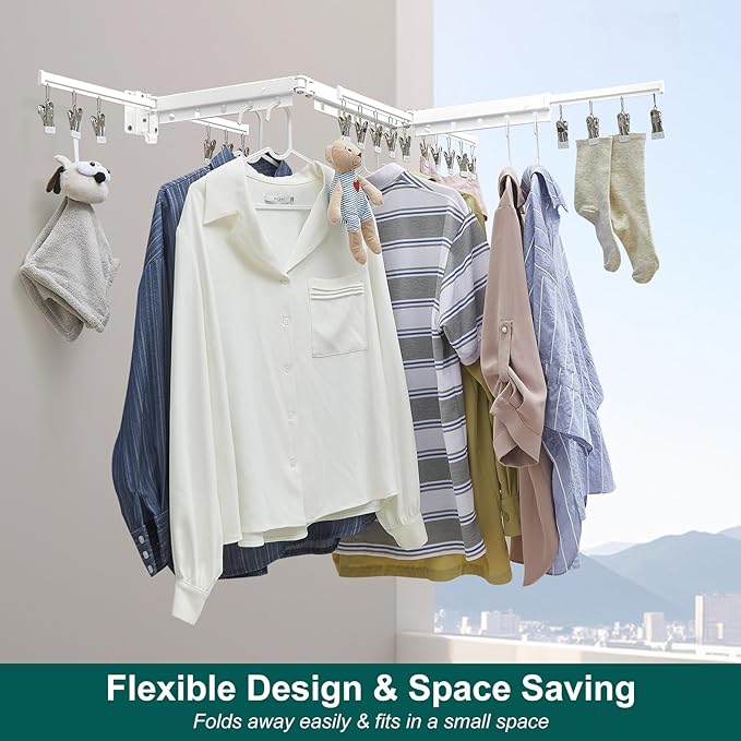 Hoimpro White 51" Clothes Drying Rack Retractable Foldable Wall Mounted, Tri-Fold Space Saving Collapsible for Hanging Clothing Coat, Ideal for Patio, Laundry Room Organization and Storage, Bathroom-Ruum Studio Home