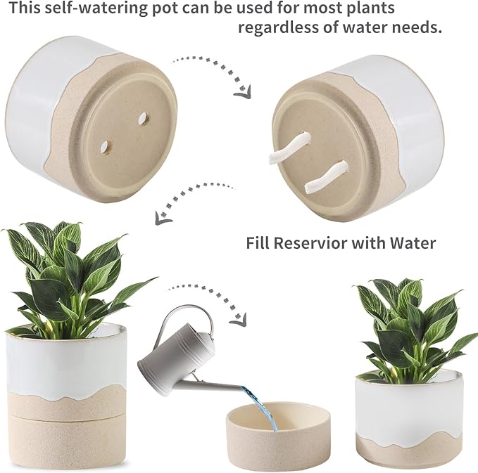 Nihow Self Watering Plant Pot for Indoor Plants: 4.5+6 Inch Ceramic Planter with Drainage Hole & Water Storage Plus - Cylinder Flower Pot with Wick for Herbs -White & Nature-Ruum Studio Home