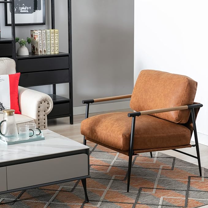 Mid-Century Accent Chair Set of 2, Soft Armchair PU Leather Lounge Chair with Black Metal Legs, Upholstered Leisure Chair for Living Room Bedroom Reception Room, Brown-Ruum Studio Home