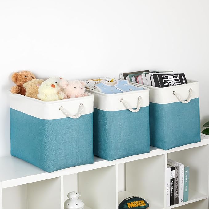 Bidtakay Extra Large Storage Baskets for Shelves 3 Pack Fabric Storage Bins for Organizing Linen Collapsible Organizer for Closet-White&Teal-Ruum Studio Home