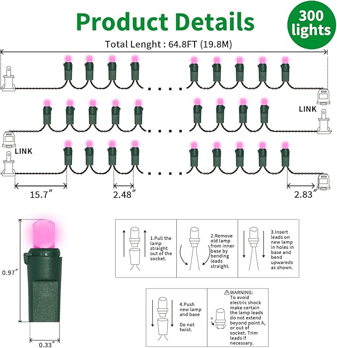 Pink Wide Angle LED String Lights, 64.8 Ft 300 Count, Pack of 3 Strands 21.9 Ft 100 Lights UL Certified Commercial Grade Green Wire 5mm Holiday String Light-Ruum Studio Home