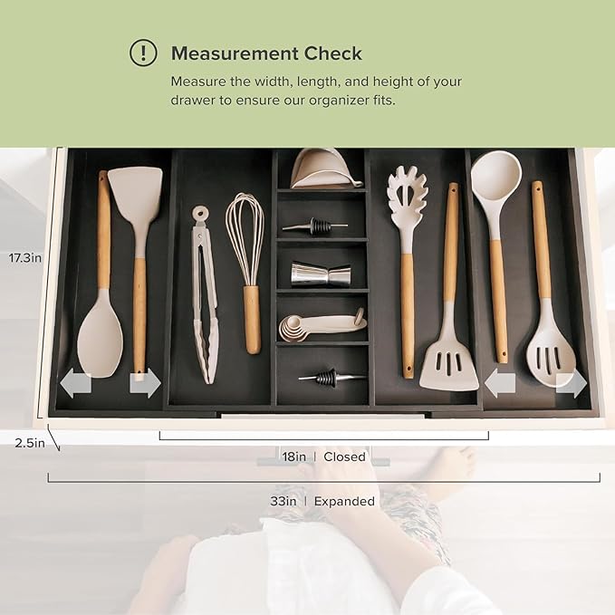 Adjustable Kitchen Drawer Organizer for Utensils and Junk, Food-Safe Contract Grade with 100% Sustainable Wood, Expandable from 19 to 33 Inches Wide - Black Bamboo-Ruum Studio Home