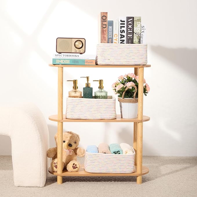Small Storage Baskets for Organizing | Closet Organizer Bins | Shelf Toy Basket | Woven Rope Baskets | Cube Decorative Box | Shallow Basket | 11.5x7.5x4.7” | 3 Packs Rainbow-Ruum Studio Home