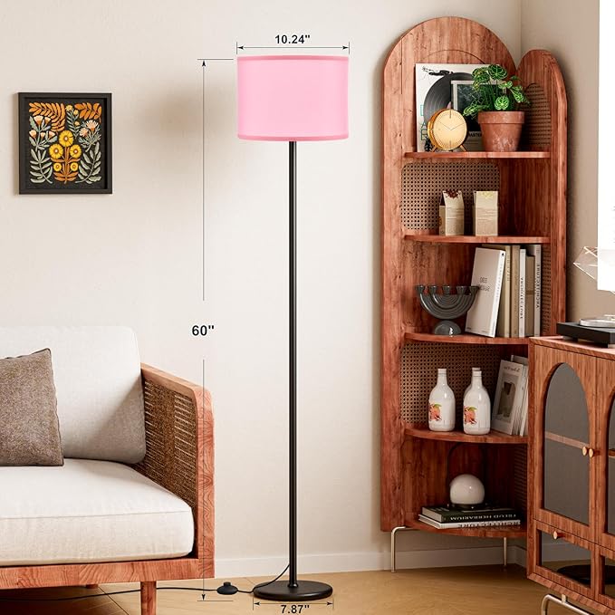Ambimall 60'' Modern Floor Lamp with Shade, Tall Lamps for Living Room, Bedroom, Office, Dining Room, Pink Shade with Black Pole(Without Bulb)-Ruum Studio Home