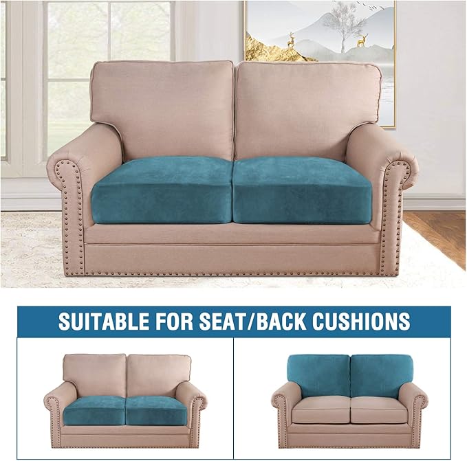 H.VERSAILTEX Velvet Stretch Couch Cushion Cover Plush Cushion Slipcover for Chair Loveseat Sofa Cushion Furniture Protector Seat Cushion Sofa Cover (2 Piece Large Sofa Cushion Covers, Peacock Blue)-Ruum Studio Home