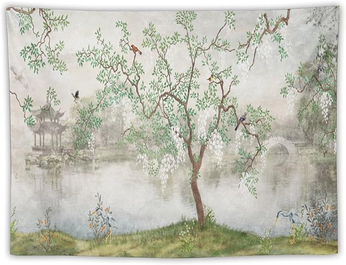 HZOHNAGO Japanese Tapestry Tree Misty Garden Lake Printed Wall Tapestry Ink Painting Wall Hanging for Bedroom Living Room Dorm 40" W x 30" H-Ruum Studio Home