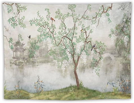 HZOHNAGO Japanese Tapestry Tree Misty Garden Lake Printed Wall Tapestry Ink Painting Wall Hanging for Bedroom Living Room Dorm 40" W x 30" H-Ruum Studio Home