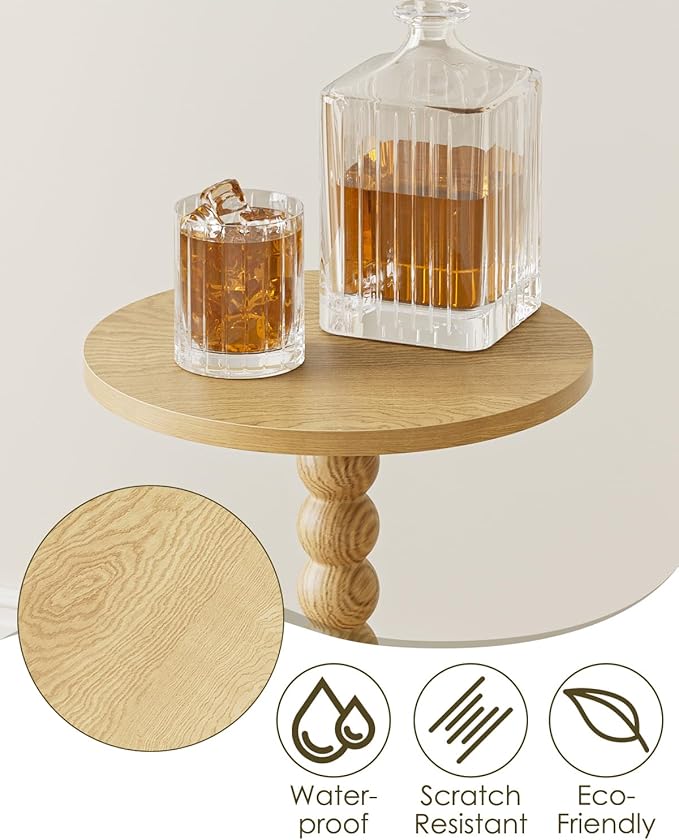 Masupu Round Side Table, Small End Table for Small Spaces, Pedestal Drink Table with Solid Wood Leg for Living Room, Bedroom, Corners(Natural)-Ruum Studio Home