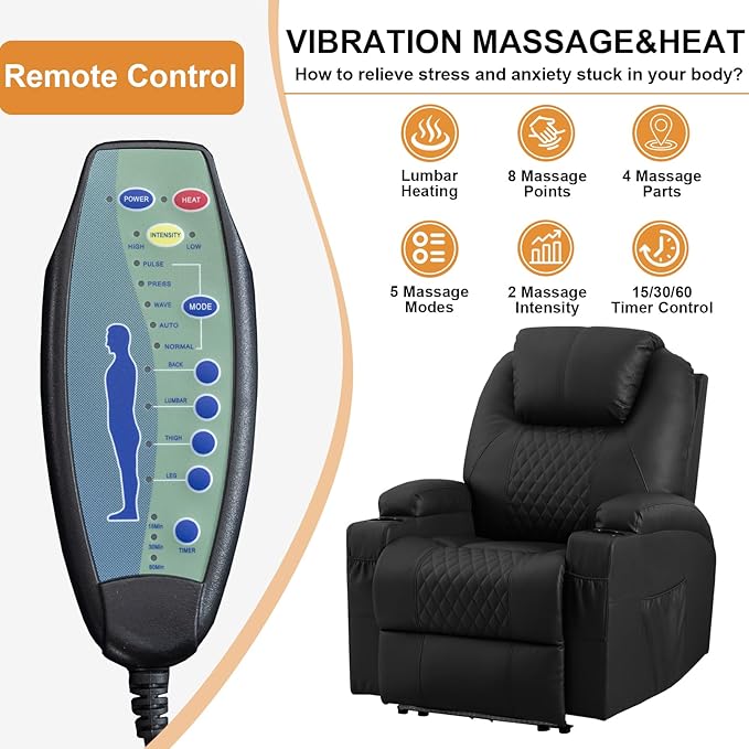AHMED Power Recliner Chair with Vibration Massage & Heat for Adults, Faux Leather Home Theater Seating with Cup Holders/LED Lights/USB Ports/Side Pockets for Living Room, Black-Ruum Studio Home